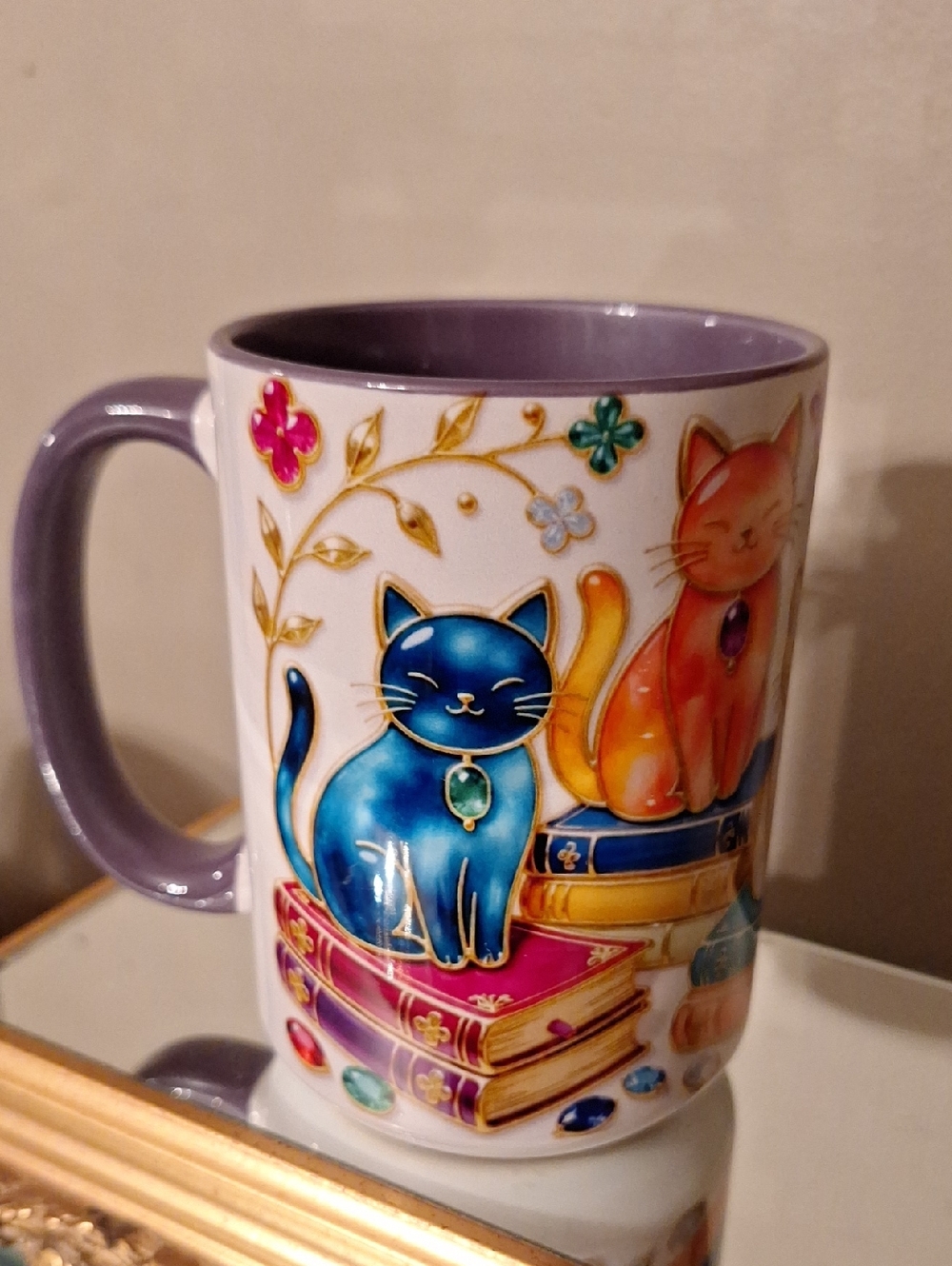 Purple Handle Cat Art Ceramic Mug - Decorative Blue & Orange Cats